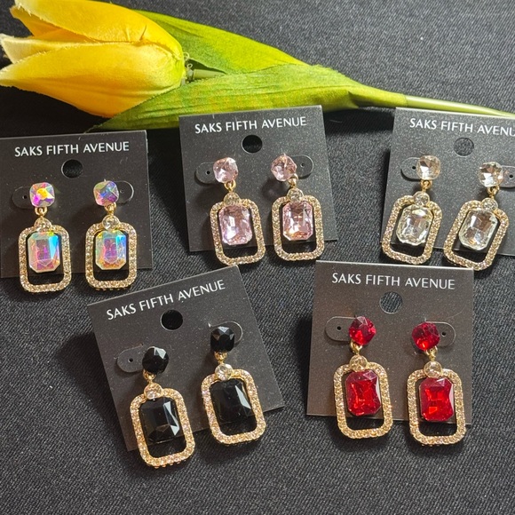 Saks Fifth Avenue Crystal Gold Statement Earrings 1.5in - Picture 6 of 14